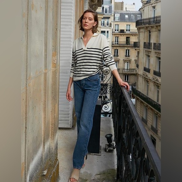La Ligne Sweaters - La Ligne XL Sweater Striped Merino Wool Ivory Black Nautical Cotton Cashmere